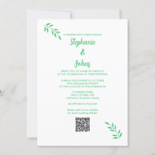 Convite Casamento de Código QR Branco do Script Leaf Verde