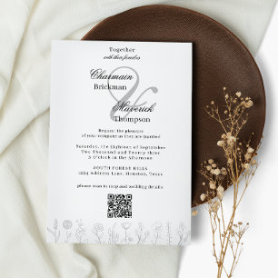 Convite Casamento de Código Qr com Flor Desenhado à Mão Ne