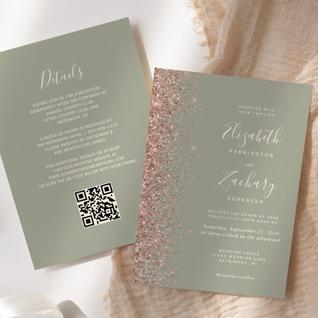 Convite Casamento de Código QR com Rosa de Glitter Dourado (Criador carregado)