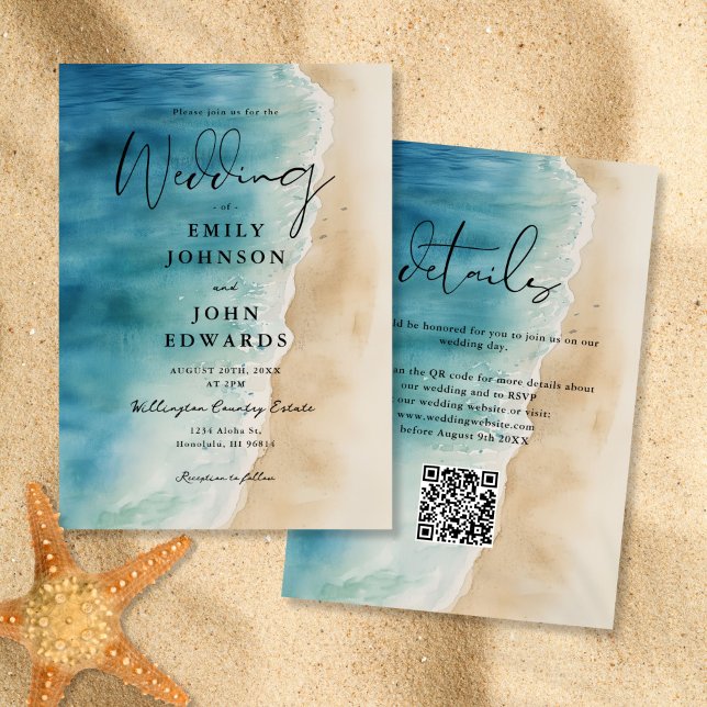 Convite Casamento de Código QR da Areia de Praia do Oceano (Watercolor Blue Ocean Beach Sand QR Code Wedding Invitation)
