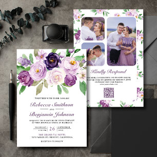 Convite Casamento de Código QR da Colagem Floral Roxo Rúst