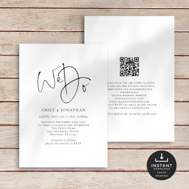Convite Casamento de Código QR da Linha de Script Elegante (Front and back view)