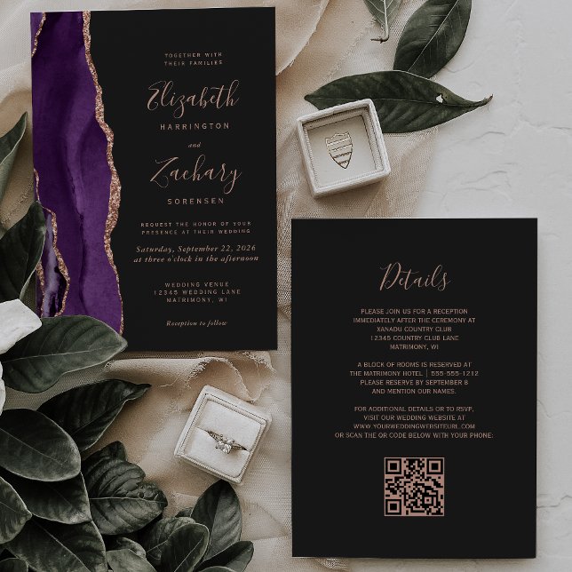 Convite Casamento de Código QR Dark Dark Rosa Dourado Agat (Criador carregado)