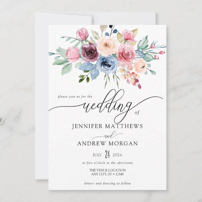 Convite Casamento de Código QR das Flores Azuis Elegantes (Frente)