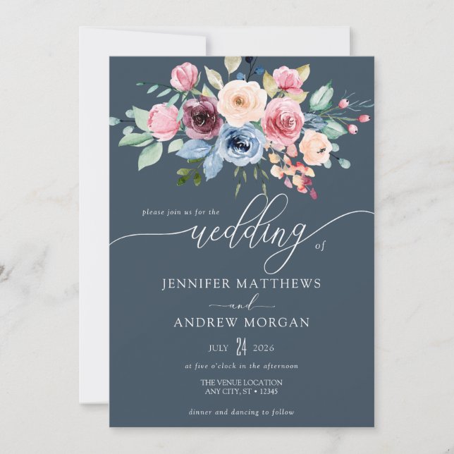 Convite Casamento de Código QR das Flores Azuis Elegantes (Frente)