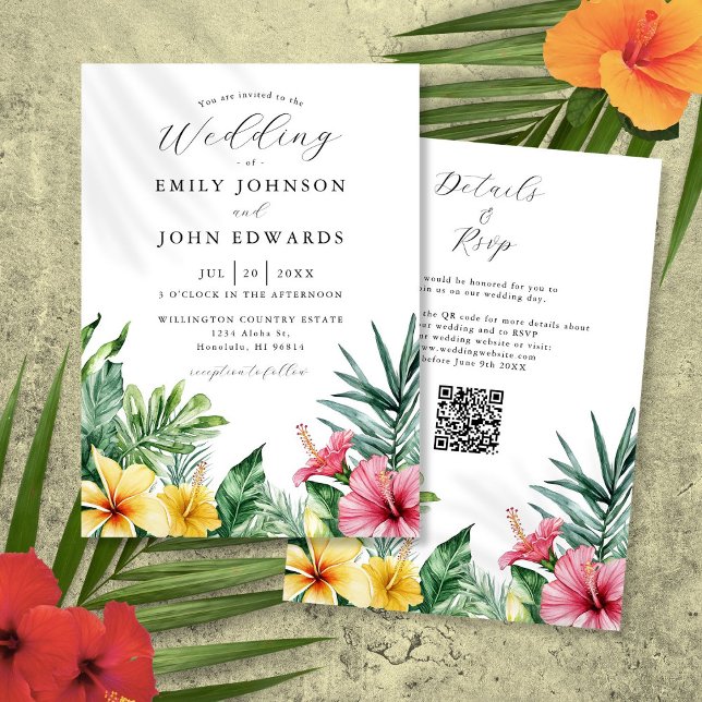 Convite Casamento de Código QR das Flores Tropicais de Aqu (Watercolor Tropical Flowers QR Code Wedding Invitation)