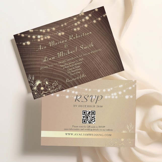 Convite Casamento de Código QR das Luzes de String Rustic (Criador carregado)