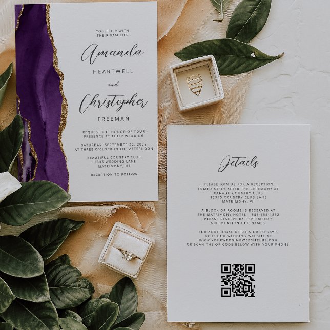 Convite Casamento de Código QR de Agato Dourado Roxo (Criador carregado)
