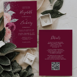 Convite Casamento de Código QR de Blush Silver Burgundy Fl
