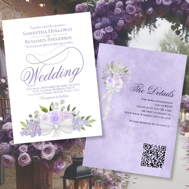 Convite Casamento de Código QR de Buquê Floral de Lavanda  (Front/Back)