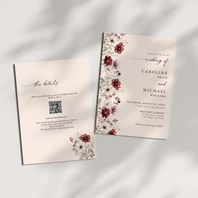 Convite Casamento de Código QR de Burgundy Wildflower (Criador carregado)