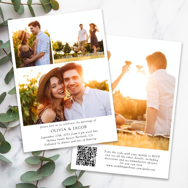 Convite Casamento de Código QR de Colagem de Foto Minimali (Criador carregado)