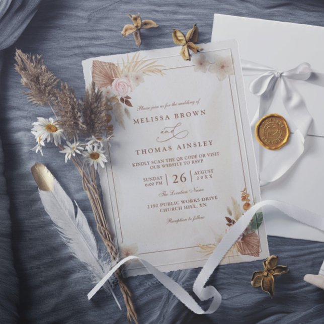Convite Casamento de Código QR de Flores Boho em Aquarela  (Criador carregado)