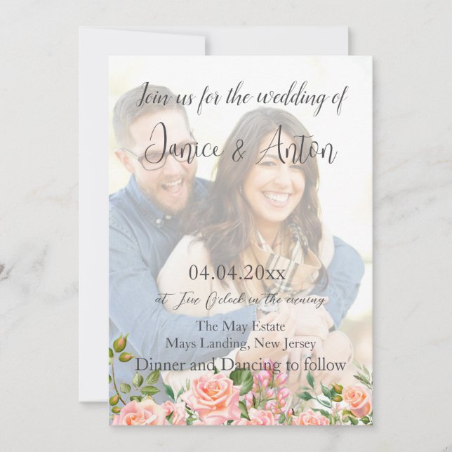 Convite Casamento de Código QR de Foto Botânica Cor-de-Ros (Frente)