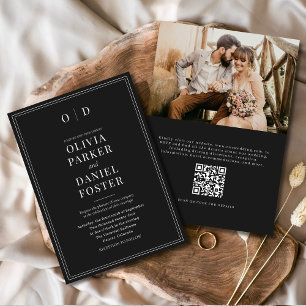 Convite Casamento de Código QR de Foto Branco Preto Elegan