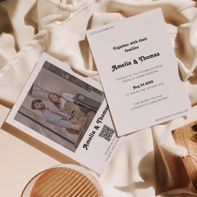 Convite Casamento de Código QR de Foto Clássica do Retro V (Criador carregado)