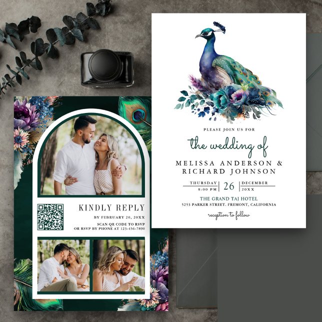 Convite Casamento de Código QR de Foto de Peacock Floral V (Criador carregado)