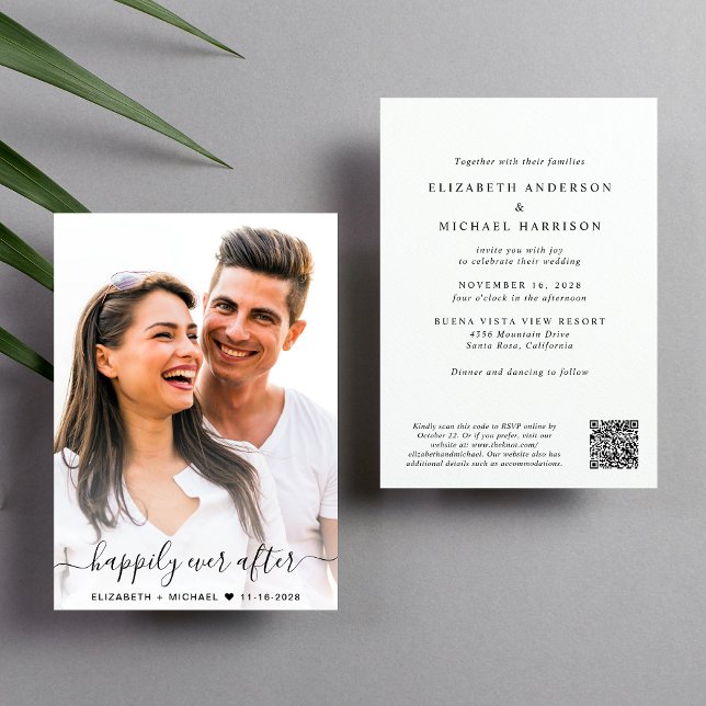 Convite Casamento de Código QR de Foto de Script Elegante (Elegant all-in-one wedding invite featuring your photo + a QR code linked to your wedding website)