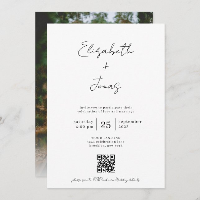 Convite Casamento de Código QR de Foto de Script Manuscrit (Frente/Verso)