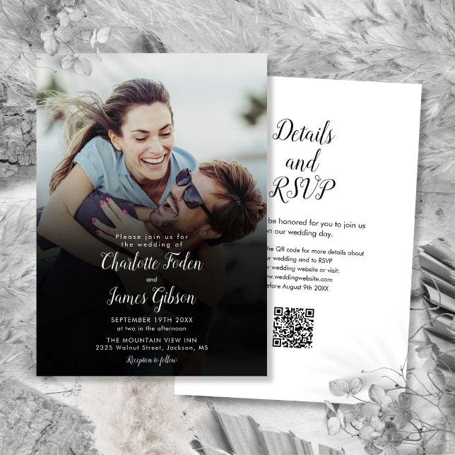 Convite Casamento de Código QR de Foto de Script Moderno (Modern Script Photo QR Code Wedding Invitation)