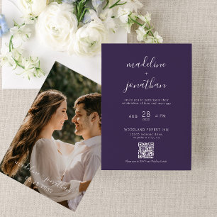 Convite Casamento de Código QR de Foto de Script Roxo Simp