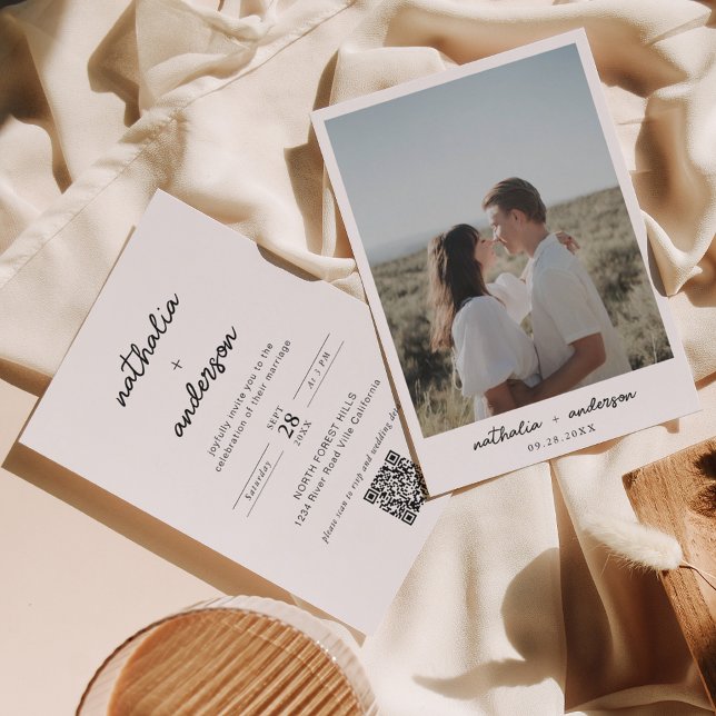 Convite Casamento de Código QR de Foto de Script Simples M (Criador carregado)