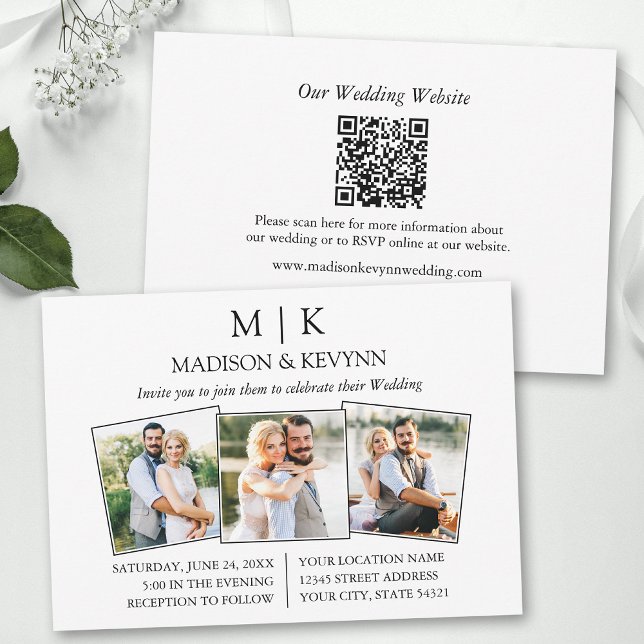 Convite Casamento de Código QR de Foto do Monograma 3 Mini (Add your wedding website or social media web address to the QR Scan Code.)