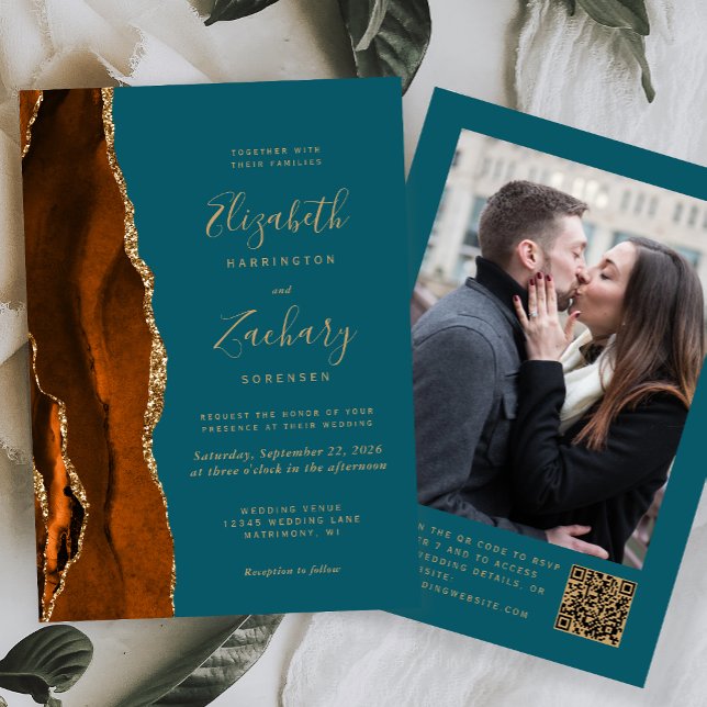 Convite Casamento de Código QR de Foto do Teal de Agato La (Criador carregado)