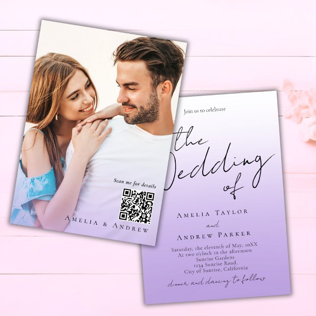 Convite Casamento de Código QR de Foto Elegante de Lavanda (Criador carregado)