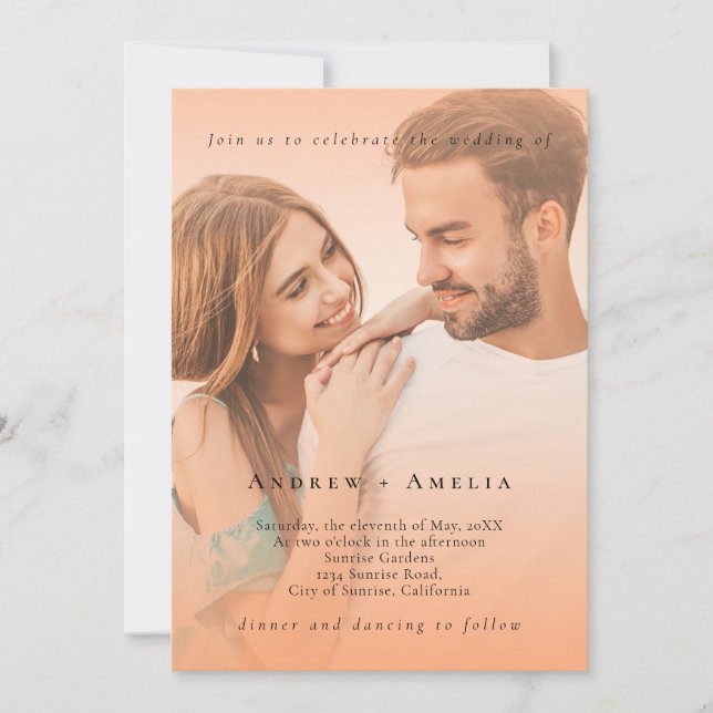 Convite Casamento de Código QR de Foto Elegante Peach Oran (Frente)