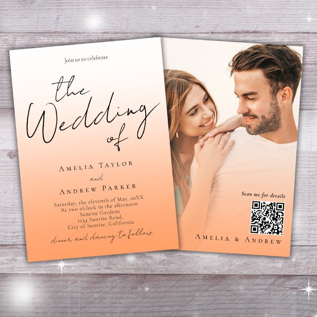 Convite Casamento de Código QR de Foto Elegante Peach Oran (Criador carregado)
