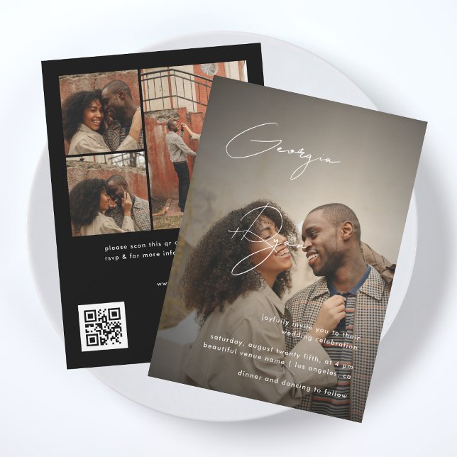 Convite Casamento de Código QR de Foto Fade na moda Script (Criador carregado)