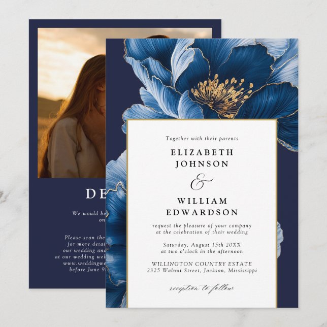 Convite Casamento de Código QR de Foto Floral Dourada Azul (Frente/Verso)