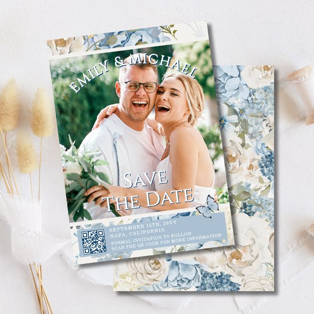 Convite Casamento de Código QR de Foto Floral Romântica Az (Criador carregado)