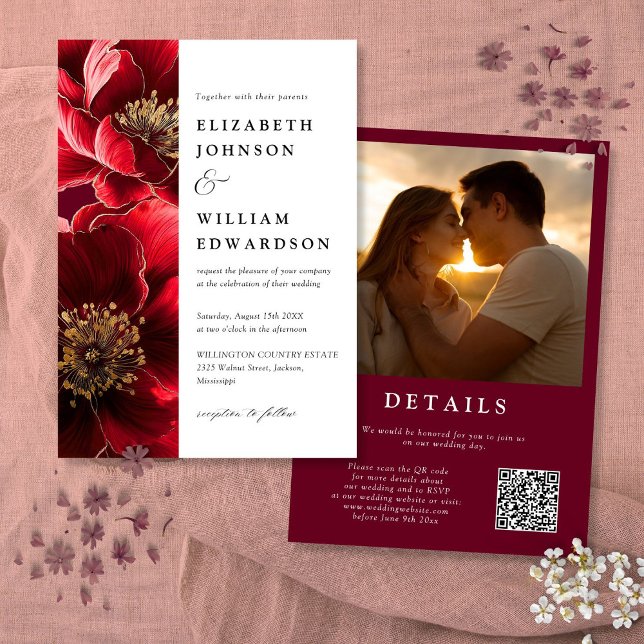 Convite Casamento de Código QR de Foto Floral Vermelha Ele (Elegant Burgundy Red Floral Photo QR Code Wedding Invitation)