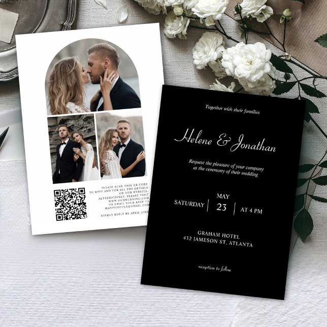 Convite Casamento de Código QR de Foto Moderna Negra (Criador carregado)