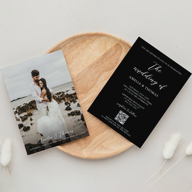 Convite Casamento de Código QR de Foto Preta de Script Ele (Criador carregado)