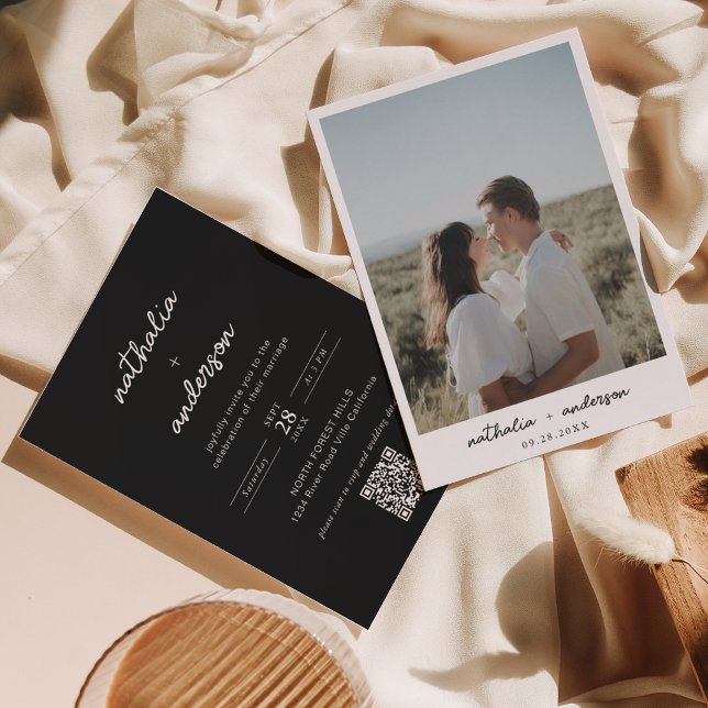 Convite Casamento de Código QR de Foto Preta de Script Sim (Criador carregado)
