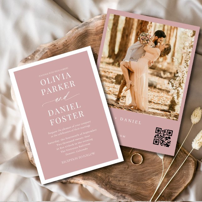 Convite Casamento de Código QR de Foto Rosa-Blush (Criador carregado)