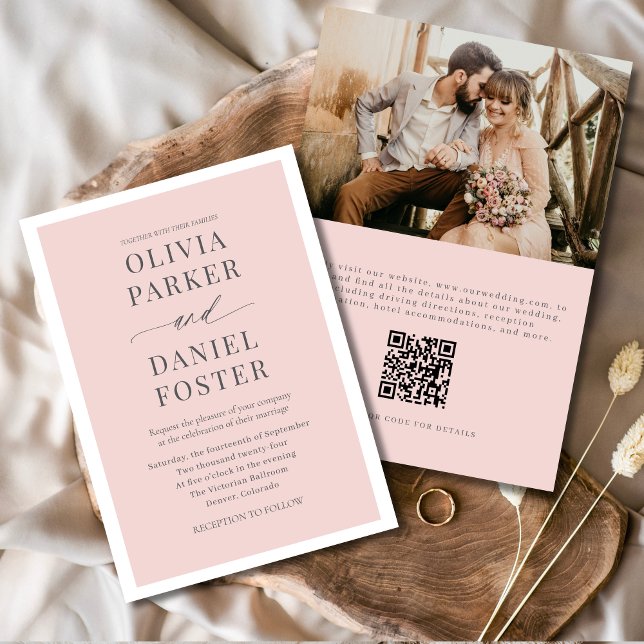 Convite Casamento de Código QR de Foto Rosa Romântica com  (Criador carregado)