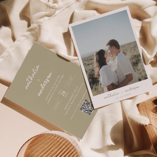 Convite Casamento de Código QR de Foto Verde de Sage com S (Criador carregado)