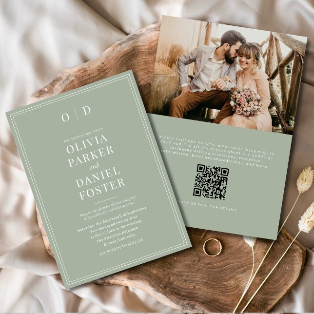 Convite Casamento de Código QR de Foto Verde Elegante Sage (Criador carregado)
