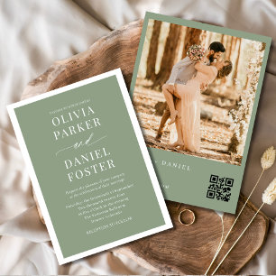 Convite Casamento de Código QR de Foto Verde Sage