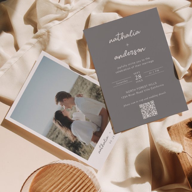 Convite Casamento de Código QR de Fotografia de Cinza de S (Criador carregado)