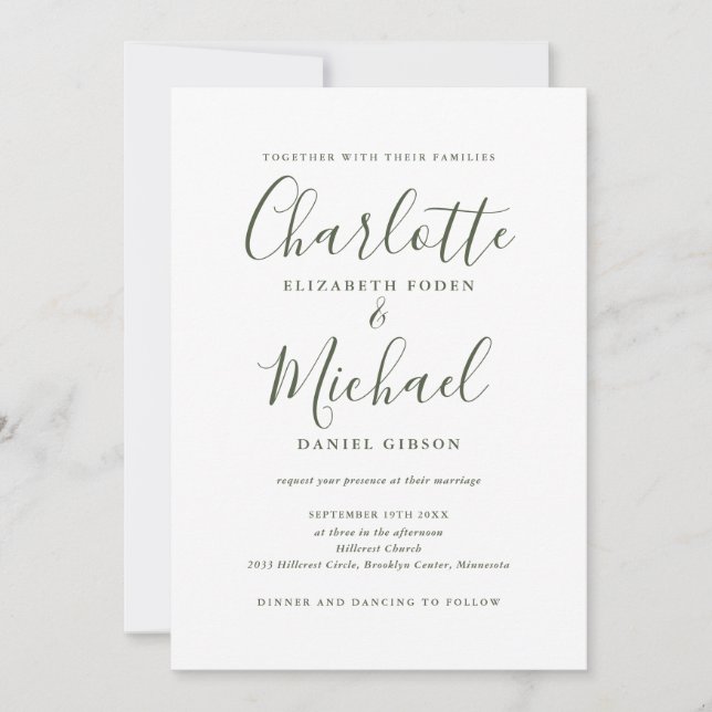 Convite Casamento de Código QR de Letra Elegante Verde Oli (Frente)