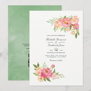 Convite Casamento de Código QR de Peônias em Aquarela de P