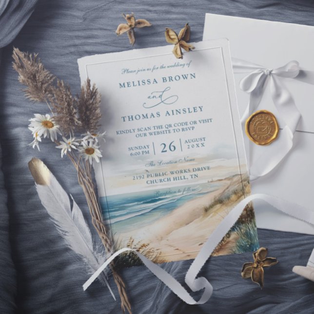 Convite Casamento de Código QR de Praia de Oceano de Verão (Criador carregado)