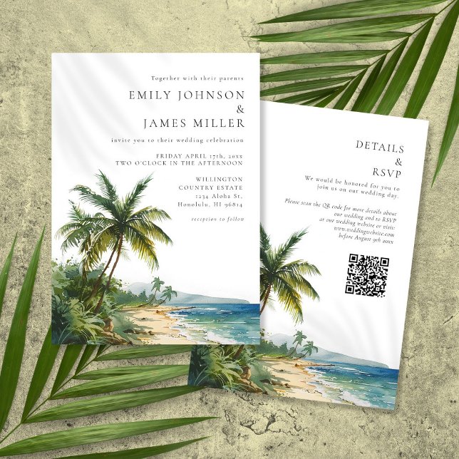 Convite Casamento de Código QR de Praia Tropical de Aquare (Criador carregado)