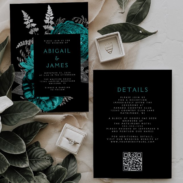 Convite Casamento de Código QR de Prata Floral de Teal Flo (Criador carregado)