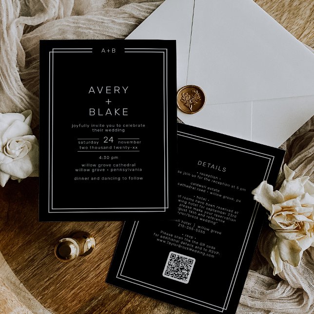 Convite Casamento de Código QR de Quadro Duplo Preto Moder (AVERY Modern Black Double Frame QR Code Wedding Invitation)